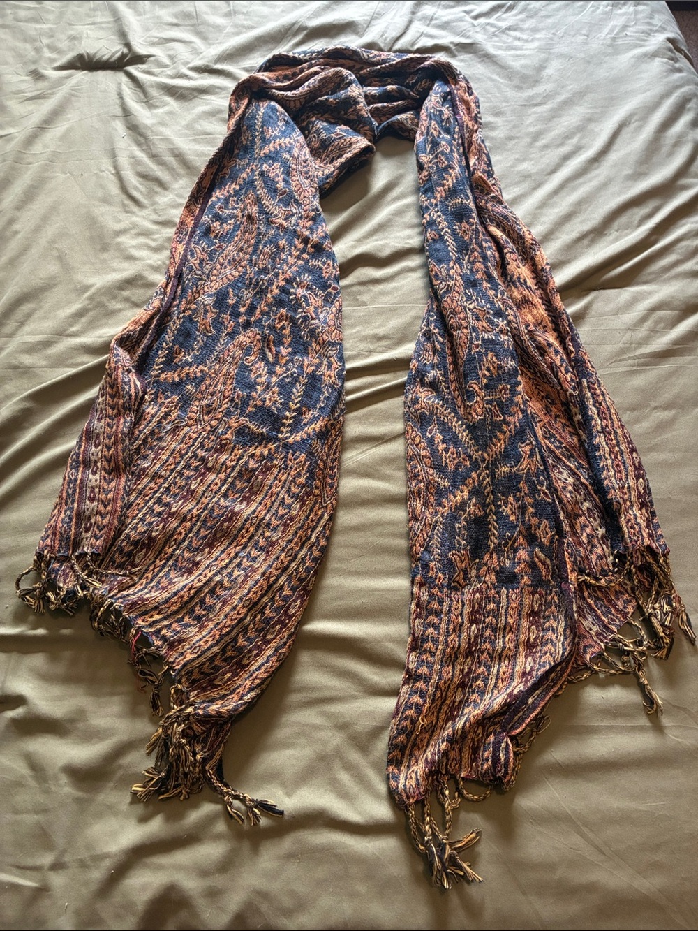 Paisley Knit Fringe Scarf - Navy & Rust